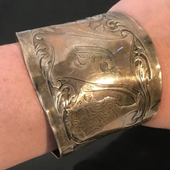 Sterling Spoon Ring Cuff Bracelet 925 Silver Lion Baroque Rococo Medieval Armor - Picture 1 of 11